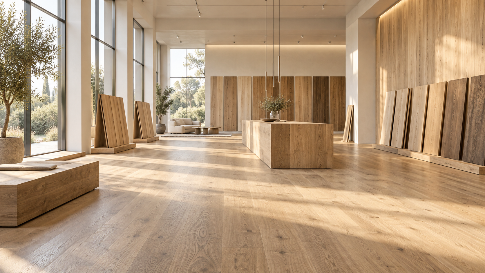 Просторный showroom с дубовой отделкой и предметами мебели